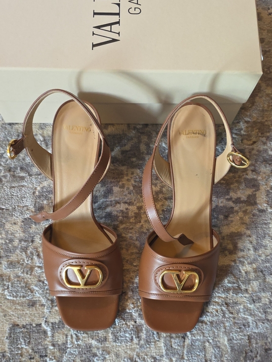 Valentino Shoes - Valentino Brown Leather Slingback Heels with Gold V Logo